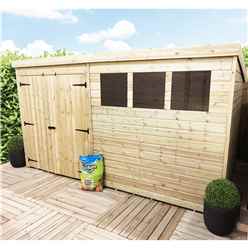 12 x 8 Large Pressure Treated Tongue And Groove Pent Shed With 3 Windows + Double Doors + Safety Toughened Glass