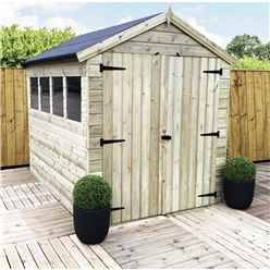 6 x 6 Premier Pressure Treated Tongue And Groove Apex Shed With Higher Eaves And Ridge Height 3 Windows + Double Doors + Safety Toughened Glass - 12mm Tongue and Groove Walls, Floor and Roof