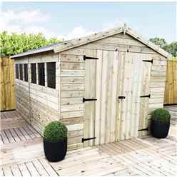 12 X 6 Premier Pressure Treated Tongue And Groove Apex Shed With Higher Eaves And Ridge Height 6 Windows + Double Doors + Safety Toughened Glass - 12mm Tongue And Groove Walls, Floor And Roof