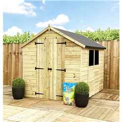 9 x 4  Super Saver Pressure Treated Tongue & Groove Apex Shed + Double Doors + Low Eaves + 2 Windows