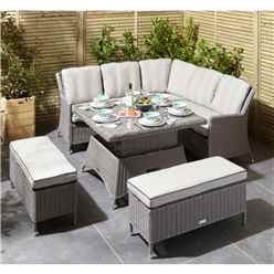  6 Seater Natural Stone Rattan Weave Corner Dining Set - With Benches