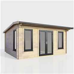 4.8m x 3.6m (16ft x 12ft) Premium 44mm Apex Log Cabin - uPVC Double Doors and Windows - EPDM Rubber Roof Covering - CENTRAL DOOR