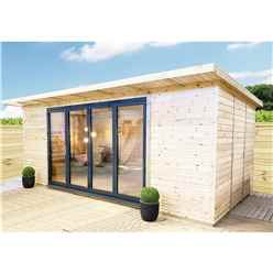 4m x 4m (13ft x 13ft) DELUXE PLUS Insulated Pressure Treated Garden Office - Aluminium Fully Opening BiFold Doors - Increased Eaves Height - 64mm Insulated Walls, Floor and Roof + Free Installation