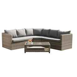 6 Seater Garden Furniture Set - 4 Piece - Deluxe Rattan Corner Lounging Set, 1 Left Hand Sofa Bench, 1 Right Hand Sofa Bench, 1 Triangular Corner Seat & Coffee Table Including Cushions - Free Next Wor