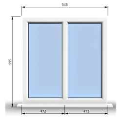 945mm (W) x 995mm (H) PVCu StormProof Casement Window - 2 Vertical Panes Non Opening Windows - 70mm Cill - Chrome Handles - Toughened Safety Glass - White Internal & External