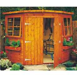 INSTALLED 10 x 10 (2.99m x 2.99m) - Tongue And Groove - Corner Wooden Garden Shed / Workshop - 2 Opening Windows - Double Doors - 12mm Tongue And Groove Floor 