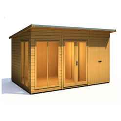 INSTALLED 12 x 8 (3.65m x 2.46m) - Pent Wooden Summerhouse With Side Shed - Double Doors + Side Windows - 12mm T&G Walls - Floor - Roof