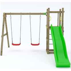 Rumble Ridge Wooden Climbing Frame Rock Wall with Double Swing & Slide 