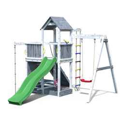 INSTALLED Wooden Climbing Frame Tower in Grey & White with Single Swing & Slide