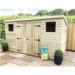 12 X 6 Large Pressure Treated Tongue And Groove Pent Shed With 2 Windows + Double Doors (centre) + Safety Toughened Glass