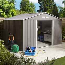 10ft x 8ft - Deluxe Ironwood Metal Apex Shed With Double Doors & Foundation Kit - Light Grey