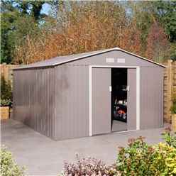 10ft x 12ft - Deluxe Ironwood Metal Apex Shed With Double Doors & Assembly + Foundation Kit - Light Grey