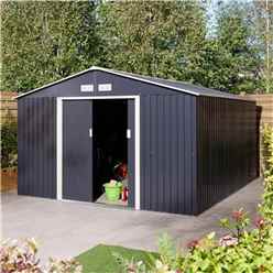 10ft x 12ft - Deluxe Ironwood Metal Apex Shed With Double Doors & Assembly + Foundation Kit - Dark Grey