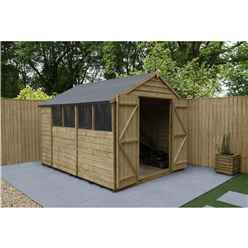 10ft x 8ft Pressure Treated Overlap Apex Wooden Garden Shed - Double Doors - 4 Windows - Modular (3.1m x 2.5m)