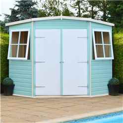 INSTALLED - 8 x 8 (2.25m x 2.25m) - Tongue & Groove - Corner Garden Pent Shed - 2 Windows - Double Doors - 12mm T&G Floor INSTALLATION INCLUDED