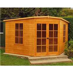 INSTALLED 10 x 10 (2.99m x 2.99m) - Premier Corner Wooden Summerhouse - 2 Opening Windows - 12mm T&G Walls - Floor - Roof INSTALLATION INCLUDED
