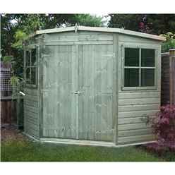 7 x 7 (2.09m x 2.09m) - Pressure Treated Tongue And Groove - Corner Shed - 2 Opening Windows - Double Doors - 12mm Tongue And Groove