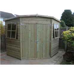INSTALLED 8 x 8 (2.25m x 2.25m) - Pressure Treated Tongue And Groove - Corner Shed - 2 Opening Windows - Double Doors - 12mm Tongue And Groove - INSTALLATION INCLUDED
