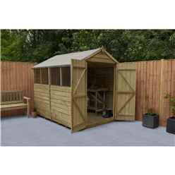 INSTALLED 8ft x 6ft Pressure Treated Overlap Apex Wooden Garden Shed - Double Doors - 4 Windows (2.4m x 1.9m) - Modular - INCLUDES INSTALLATION