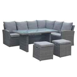 8 Seater 5 Piece Corner Dining Set - 3 Seater Sofa with Armrest, 2 Seater with 2 Armrests, 2 Foot Stools with Rectangular Table Including Cushions