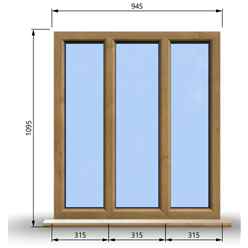 945mm (W) x 1095mm (H) Wooden Stormproof Window - 3 Pane Non-Opening Windows - Toughened Safety Glass