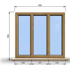 995mm (W) x 945mm (H) Wooden Stormproof Window - 3 Pane Non-Opening Windows - Toughened Safety Glass