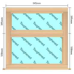 945mm (W) x 945mm (H) Wooden Stormproof Window - 2 Horizontal Non-Opening Windows -Toughened Safety Glass