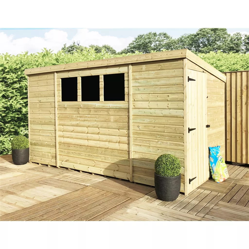 12 x 6 Pressure Treated T&G Pent Shed With 3 Windows And Side Door