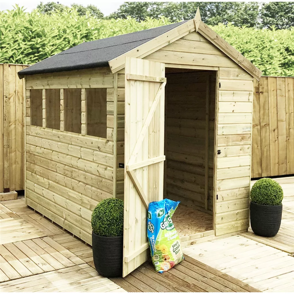 12 x 5 Premier Pressure Treated T&G Apex Shed – Higher Eaves, 6 Windows, Single Door