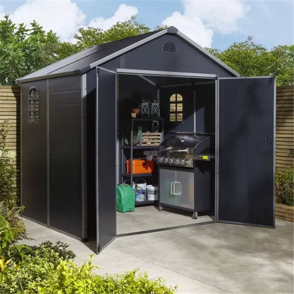 8ft x 6ft Deluxe Stratton Plastic Shed Double Door Apex Shed With Assembly & Foundation Kit - Dark Grey