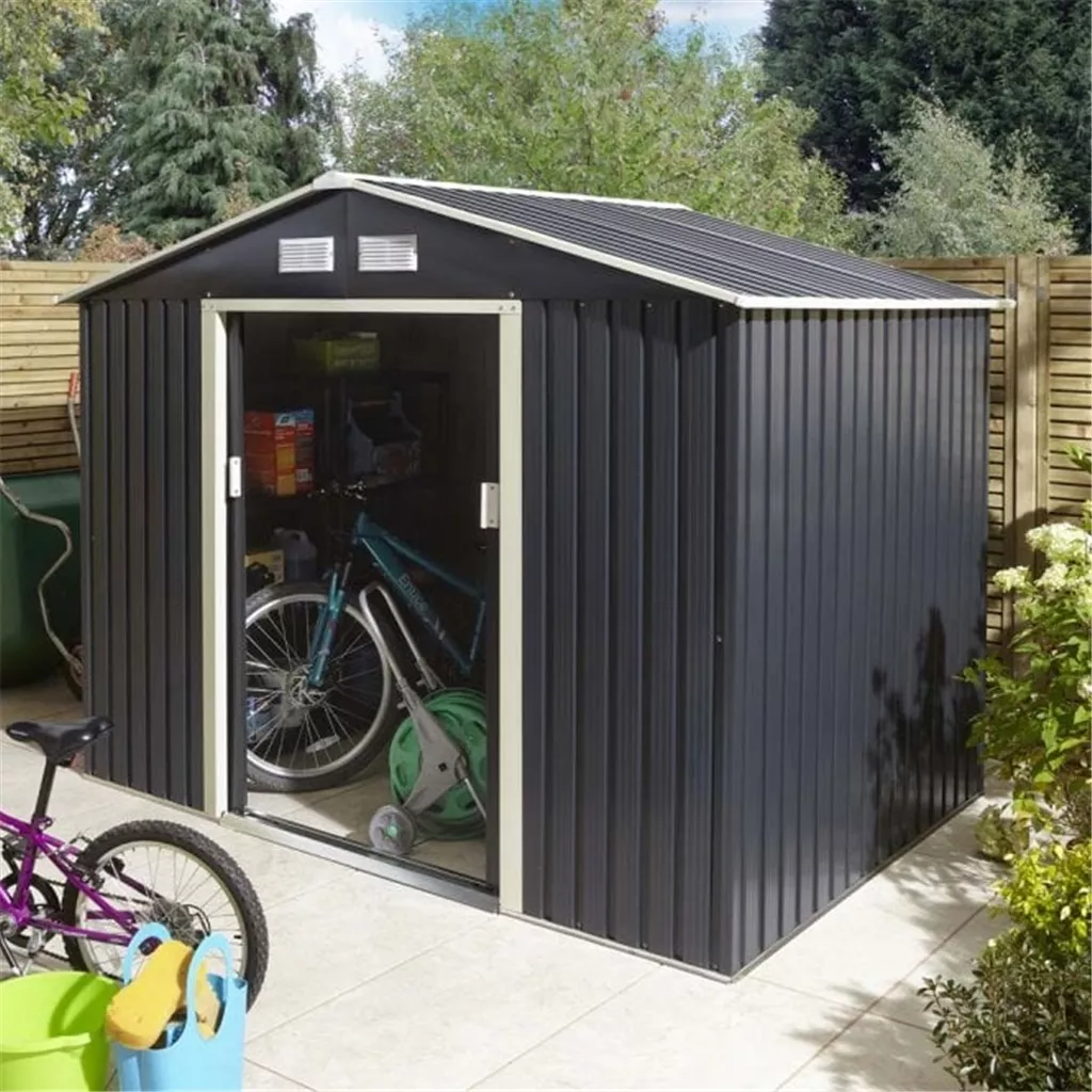8 x 6 Deluxe Ironwood Metal Apex Shed – Double Door, Assembly – Dark Grey