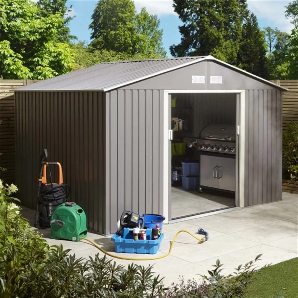 10 x 8 Deluxe Ironwood Metal Apex Shed – Double Door & Foundation Kit – Light Grey