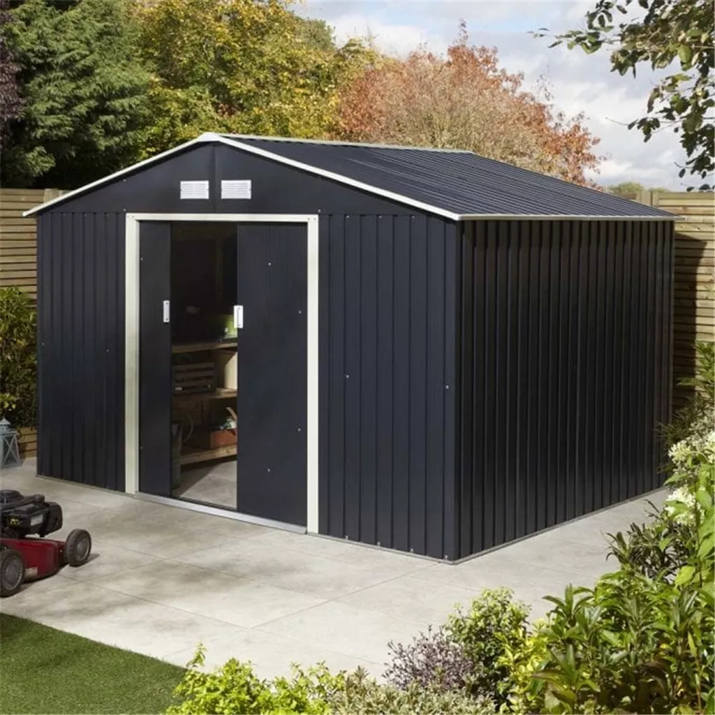 10 x 8 Deluxe Ironwood Metal Apex Shed – Double Door & Foundation Kit – Dark Grey