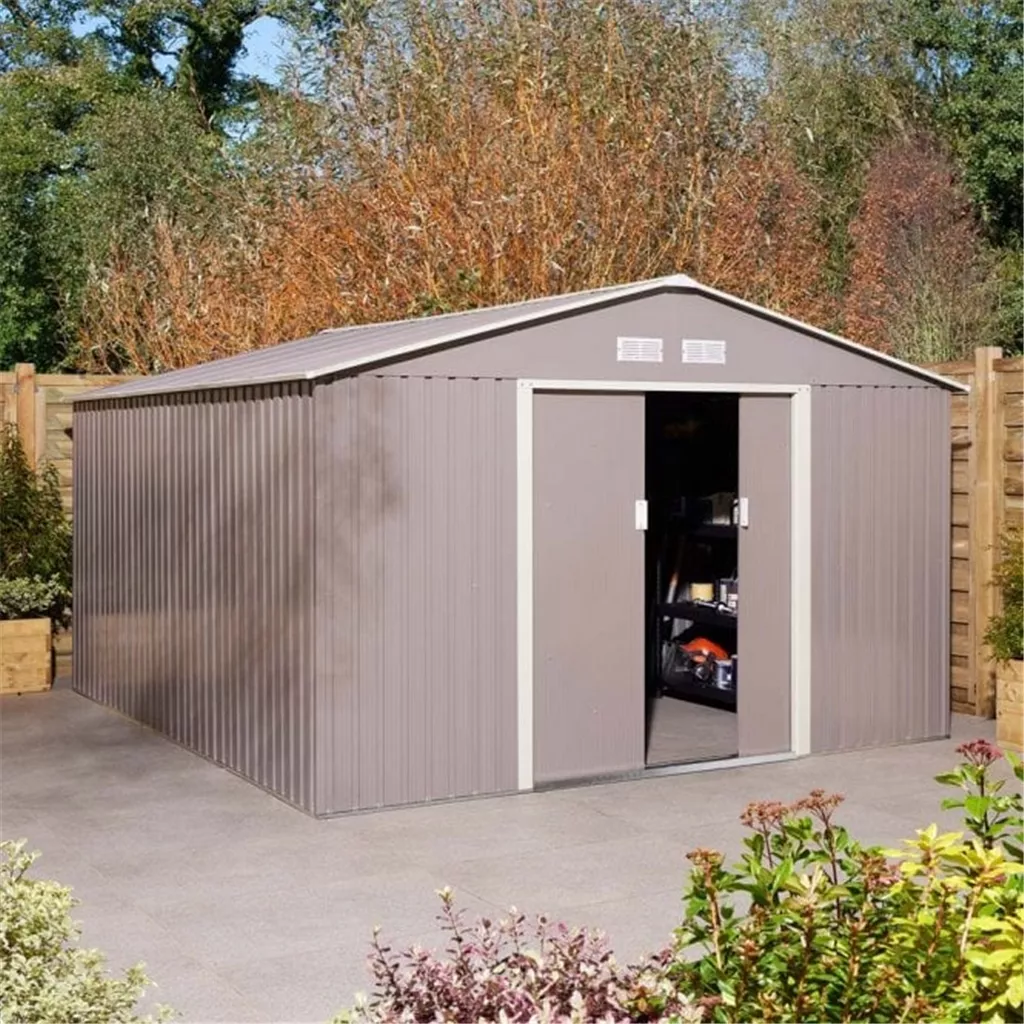 10 x 12 Deluxe Ironwood Metal Apex Shed – Double Door – Light Grey