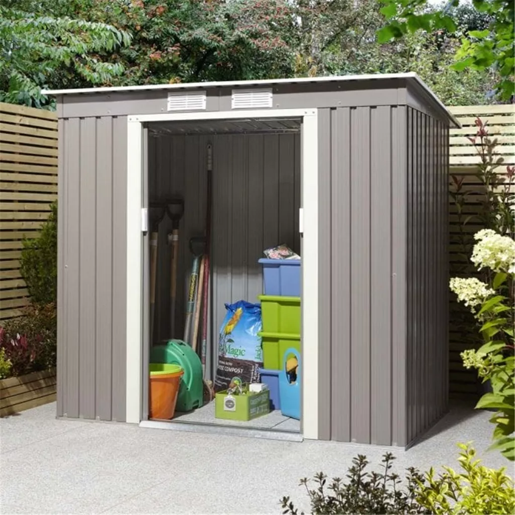 6 x 4 Deluxe Ironwood Metal Pent Shed – Single Door, Assembly – Light Grey