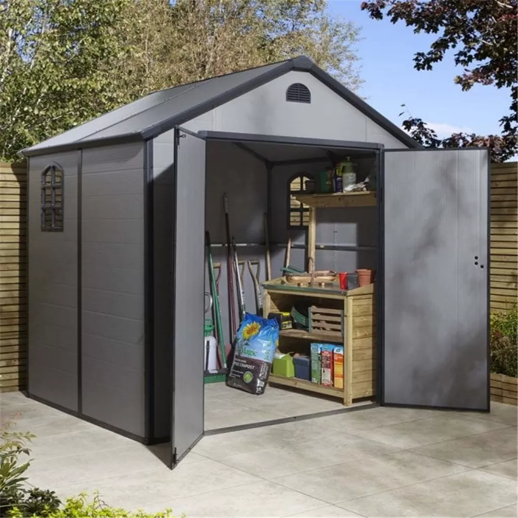 TEMU 8ft x 6ft Deluxe Stratton Plastic Shed Double Door Apex Shed With Foundation Kit - Light Grey