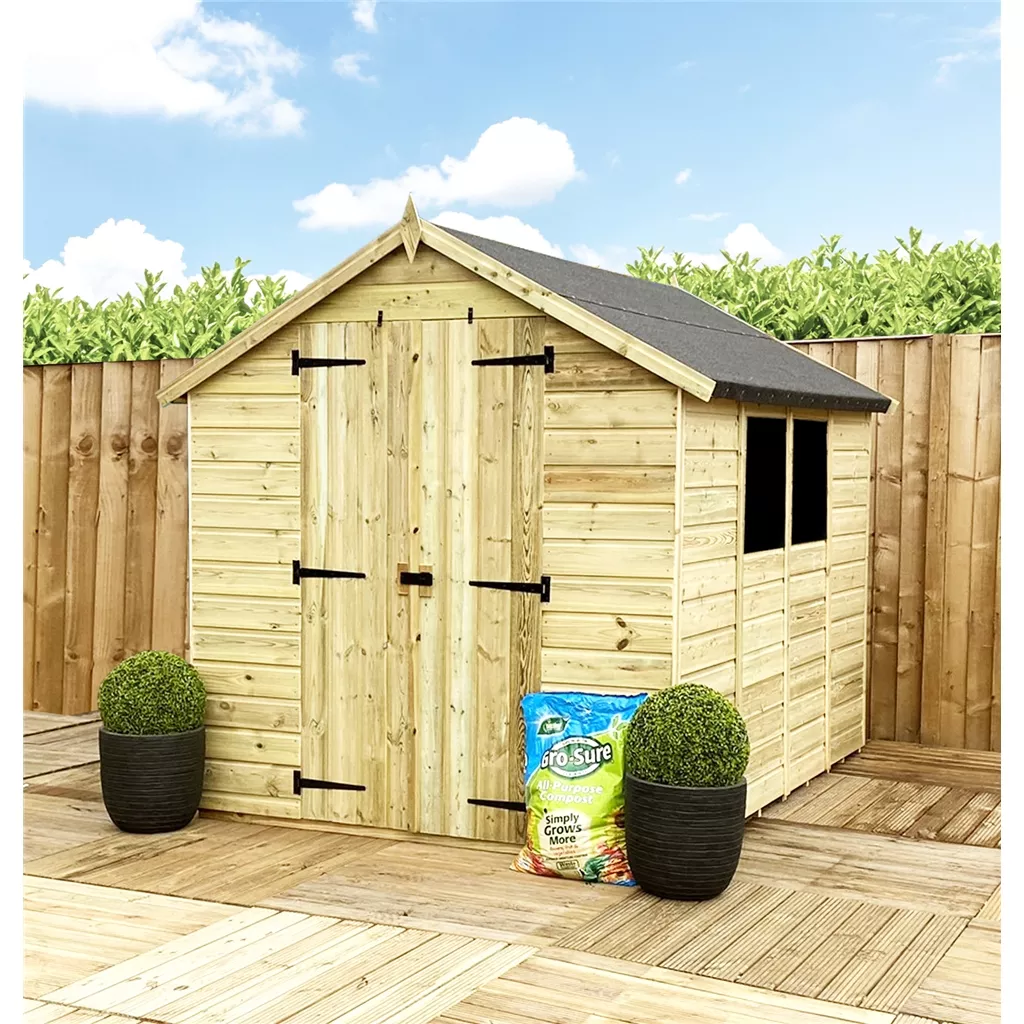 8 x 6 Pressure Treated T&G Double Doors Apex Shed (low Eaves) + 2 Windows