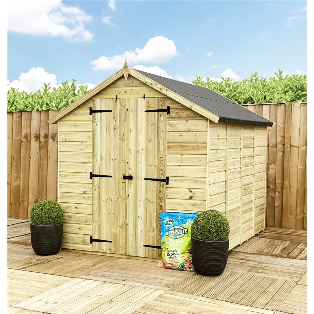 3 x 4 Windowless Pressure Treated T&G Apex Shed + Double Doors + Low Eaves