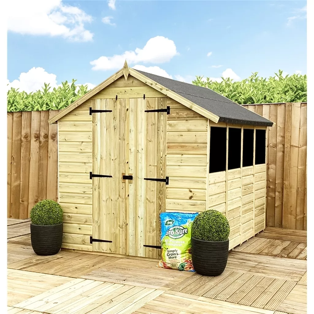 12 x 6 T&G Apex Shed + Double Doors + Low Eaves + 4 Windows