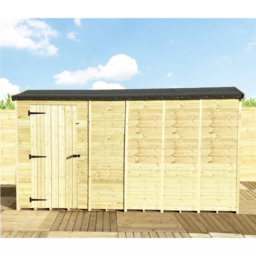 14 x 4 Reverse Windowless Pressure Treated T&G Single Door Apex Shed – High Eaves