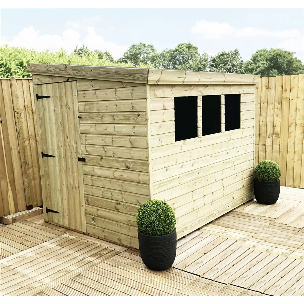 8 x 4 Reverse Pressure Treated T&G Pent Shed With 3 Windows, Single Door