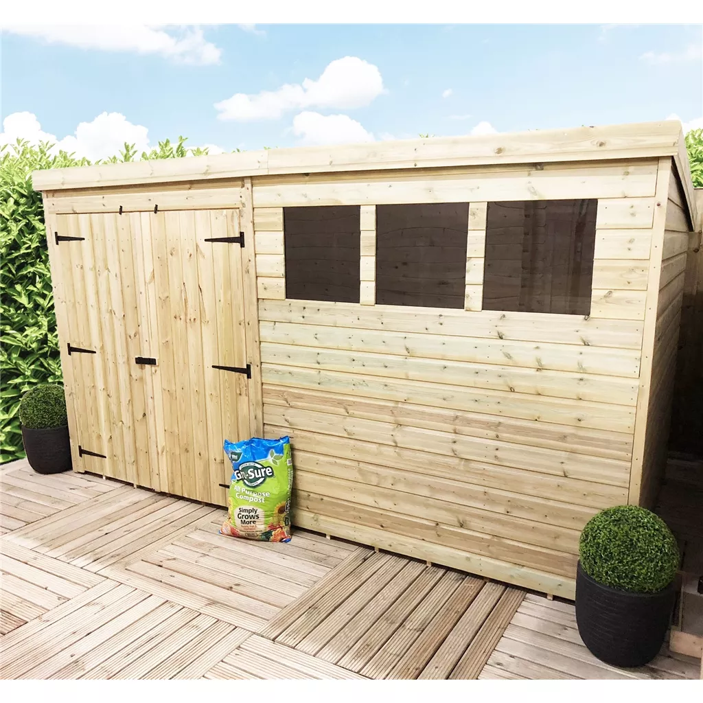 14 x 8 Large Pressure Treated T&G Pent Shed With 3 Windows, Double Door