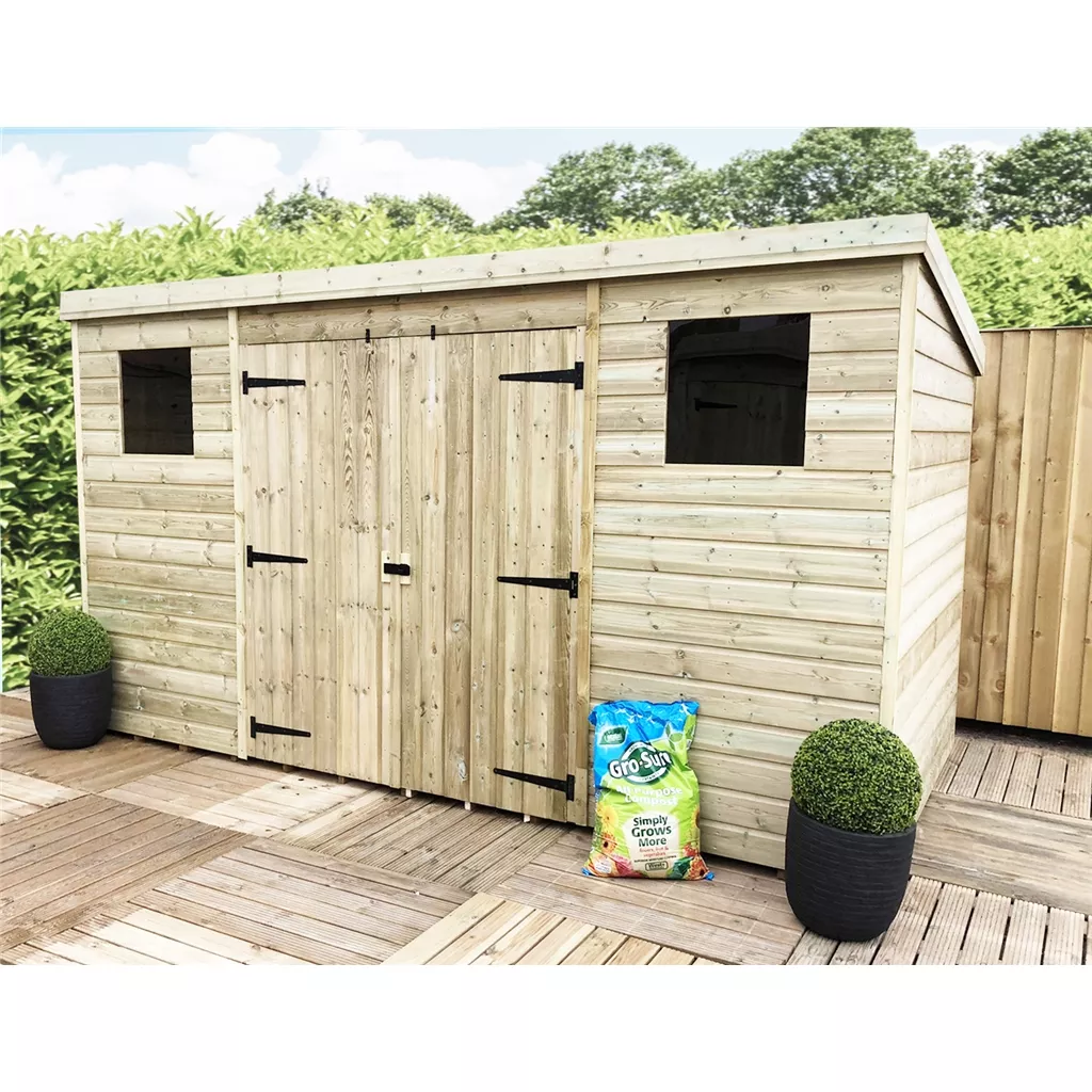 14 x 8 Large Pressure Treated T&G Pent Shed With 2 Windows, Double Door (centre)