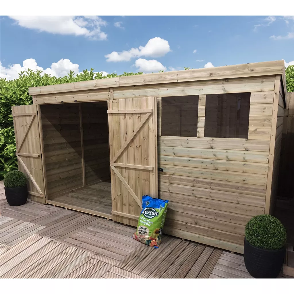 14 x 8 Large Pressure Treated T&G Pent Shed With 3 Windows, Double Door product image