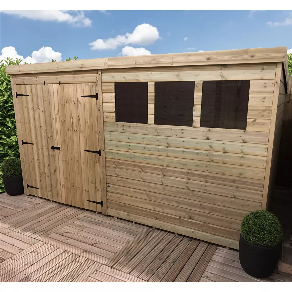 14 x 3 Pressure Treated T&G Pent Shed With 3 Windows, Double Door – Left/Right Door Option product image