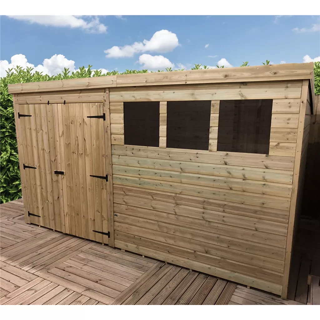 14 x 4 Pressure Treated T&G Pent Shed With 3 Windows, Double Door product image