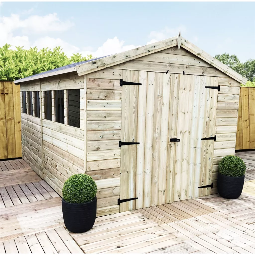 12 x 6 Premier Pressure Treated T&G Apex Shed – Higher Eaves, 6 Windows, Double Door