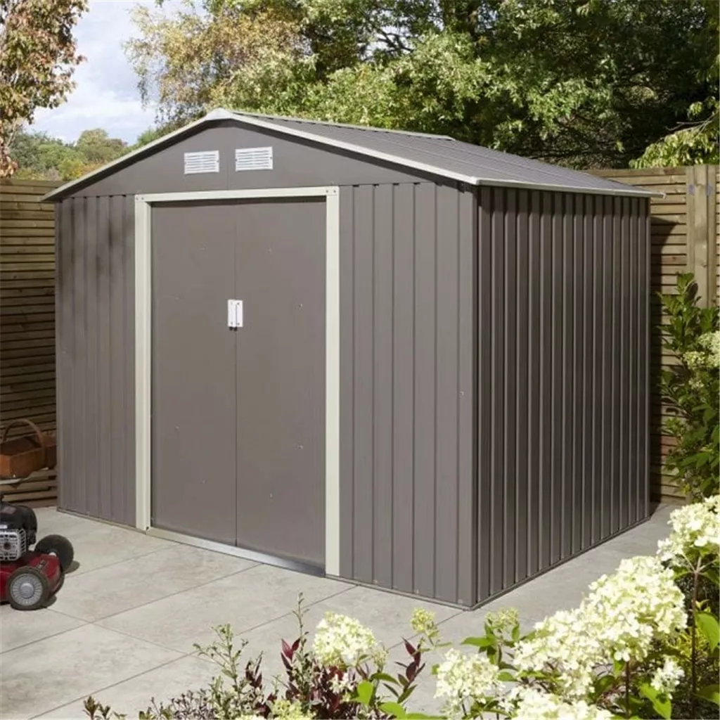 8 x 6 Deluxe Ironwood Metal Apex Shed – Double Door, Assembly – Light Grey product image