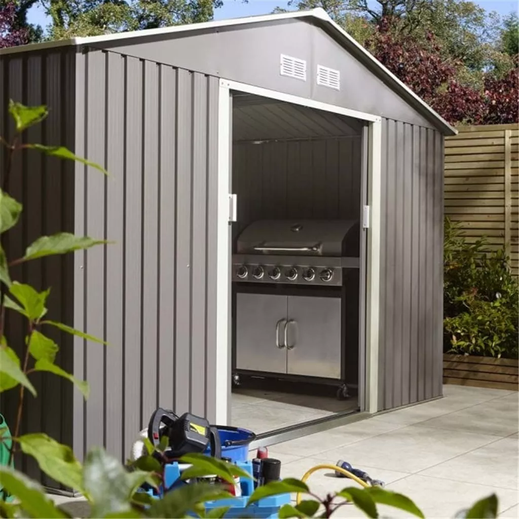 10 x 8 Deluxe Ironwood Metal Apex Shed – Double Door, Assembly & Foundation Kit – Light Grey product image