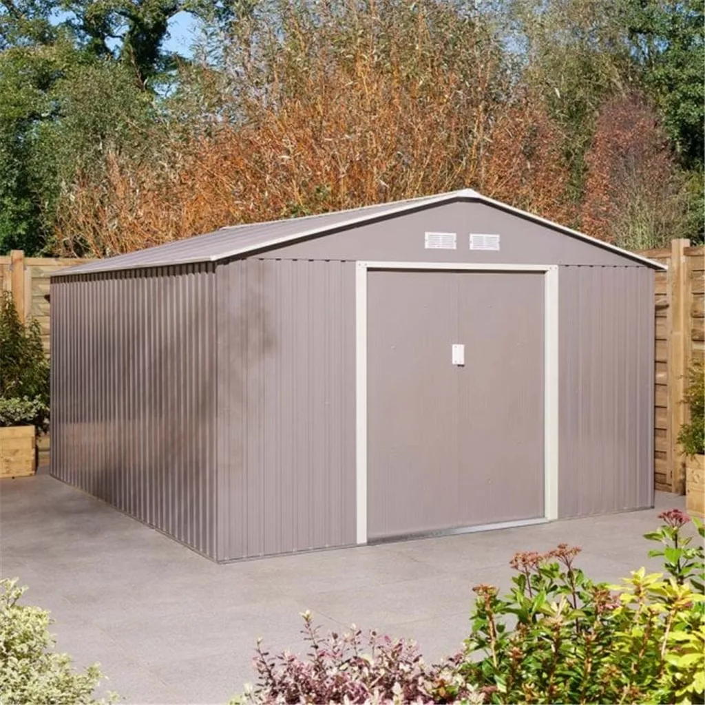 10 x 12 Deluxe Ironwood Metal Apex Shed – Double Door & Foundation Kit – Light Grey product image